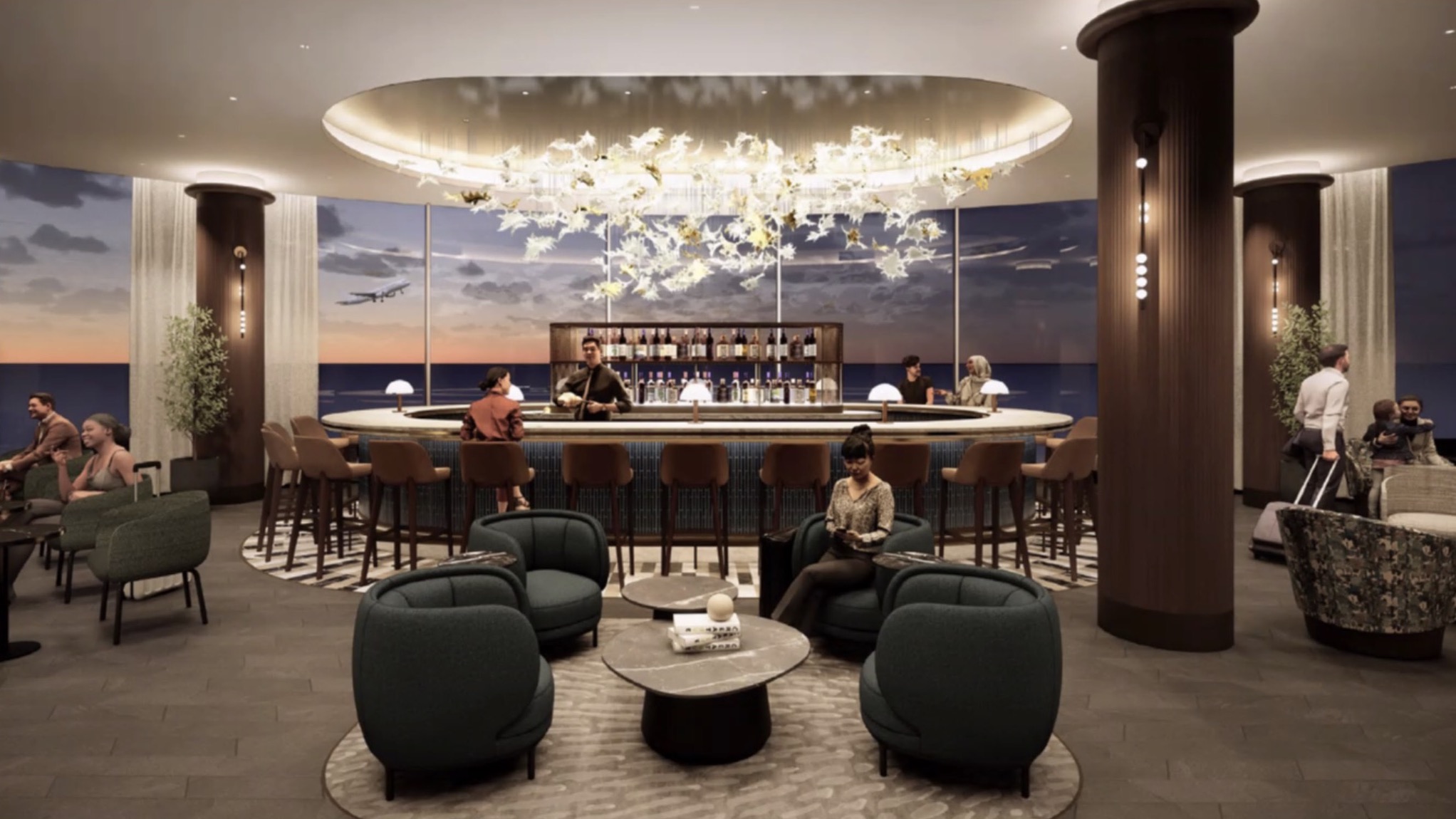 A rendering of a bar area inside a fancy airport lounge. 
